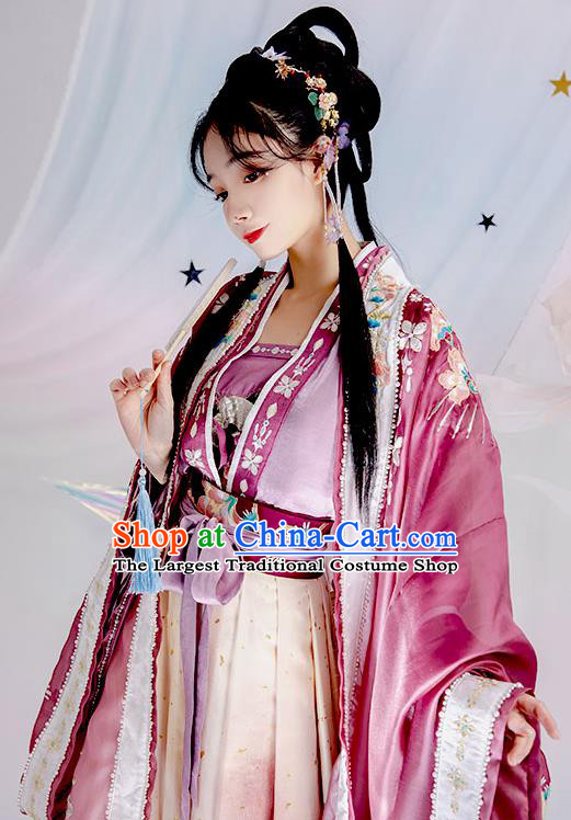 China Traditional Embroidered Purple Hanfu Dress Apparels Ancient Palace Beauty Garment Costumes Song Dynasty Imperial Consort Historical Clothing