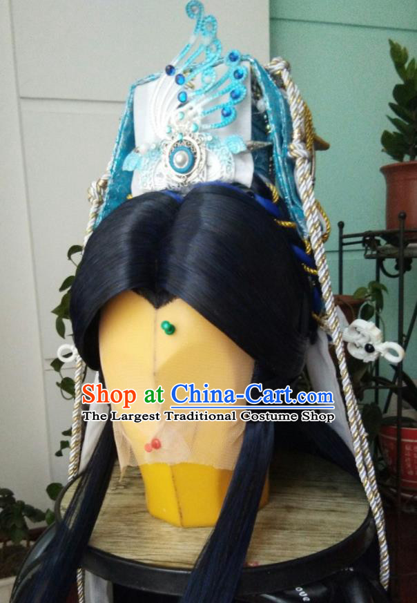 Chinese Puppet Show Emperor Headdress Traditional Handmade Cosplay Taoist Priest Wigs and Hair Crown Hairpieces Ancient Swordsman Periwig Hair Accessories