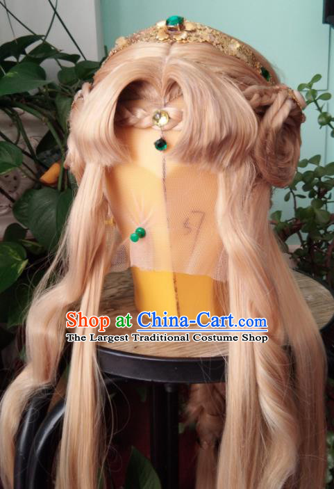 China Traditional Puppet Show Young Beauty Hair Accessories Cosplay Fairy Princess Hairpieces Ancient Swordswoman Golden Wigs