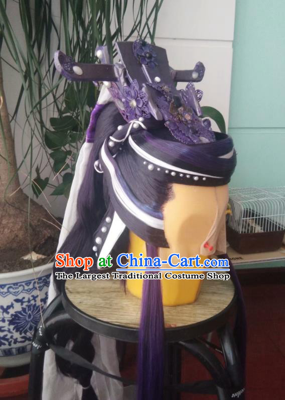 Chinese Traditional Cosplay Swordsman Purple Wigs and Hairdo Crown Hairpieces Ancient Royal King Periwig Hair Accessories Handmade Puppet Show Headdress