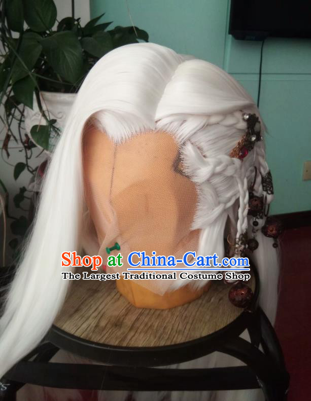 Chinese Handmade Puppet Show Headdress Traditional Cosplay Swordsman White Wigs Hairpieces Ancient Royal Prince Periwig Hair Accessories