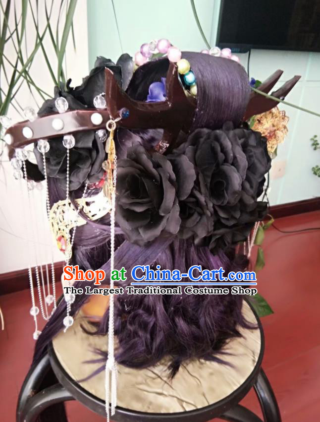 China Ancient Emperor Purple Wigs and Hair Crown Traditional Puppet Show Swordswoman Hair Accessories Cosplay Queen Hairpieces