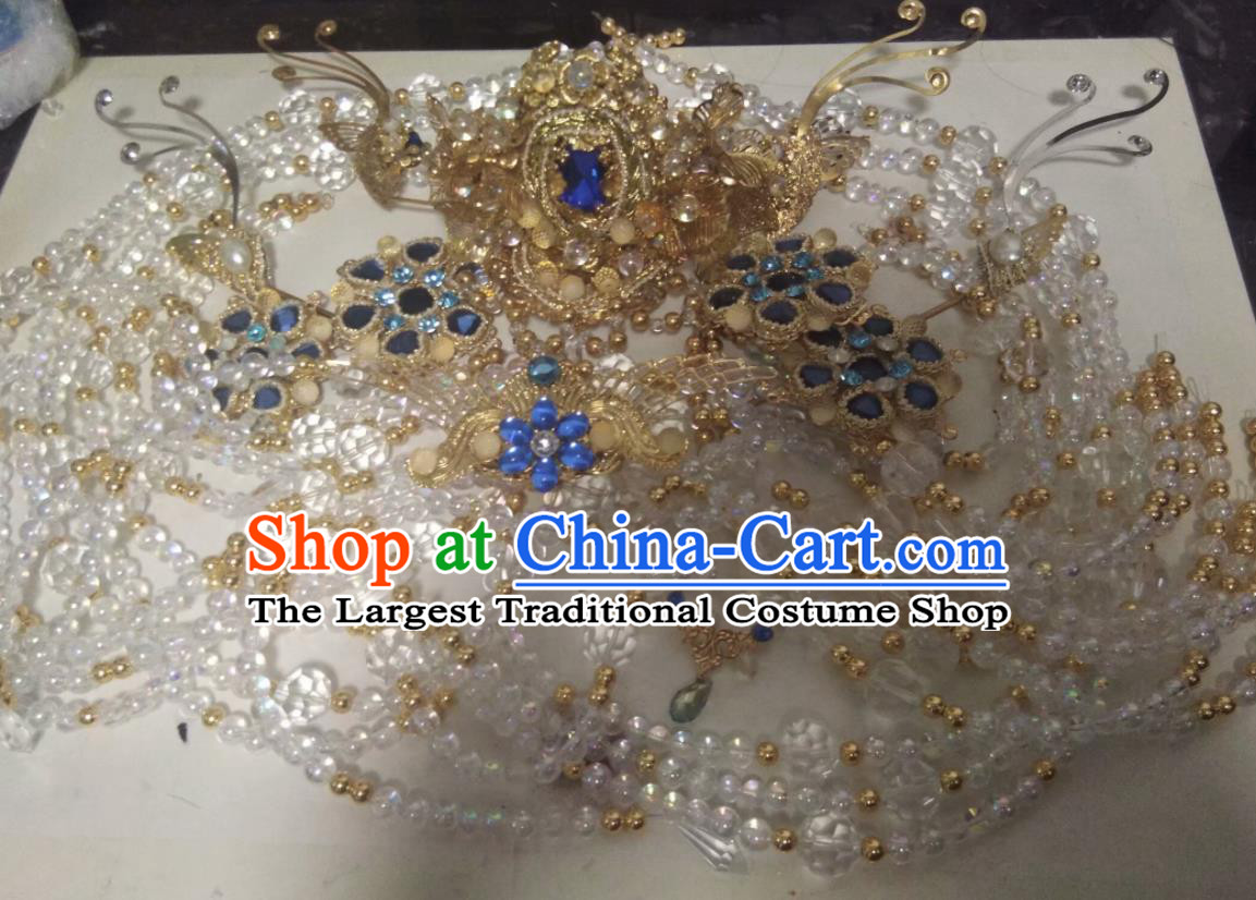 China Traditional Puppet Show Princess Binglou Hair Accessories Cosplay Young Lady Hairpieces Ancient Fairy Blue Wigs and Hair Crown