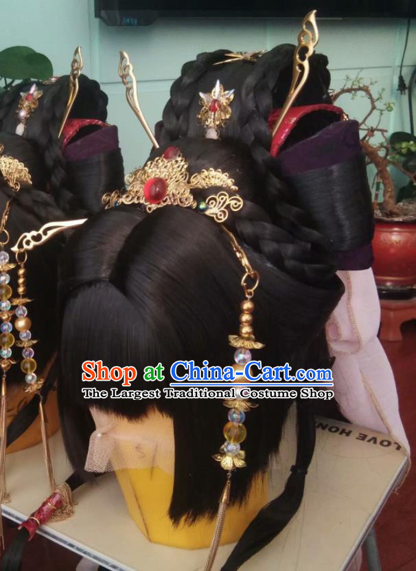 China Ancient Fairy Wigs and Hair Crown Traditional Puppet Show Feng Cailing Hair Accessories Cosplay Palace Princess Hairpieces