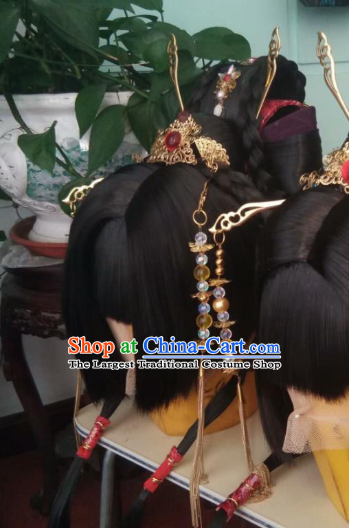 China Ancient Fairy Wigs and Hair Crown Traditional Puppet Show Feng Cailing Hair Accessories Cosplay Palace Princess Hairpieces