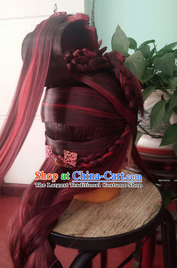 Chinese Handmade Puppet Show Shangguan Hongxin Headdress Traditional Cosplay Royal King Red Wigs Hairpieces Ancient Swordsman Periwig Hair Accessories