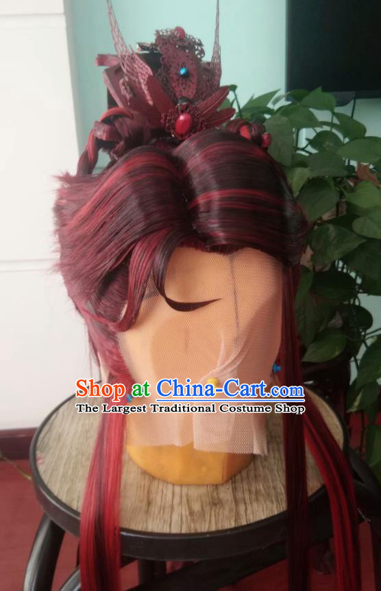 Chinese Handmade Puppet Show Shangguan Hongxin Headdress Traditional Cosplay Royal King Red Wigs Hairpieces Ancient Swordsman Periwig Hair Accessories