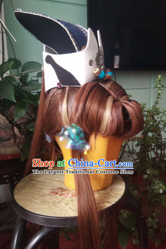Chinese Handmade Puppet Show Young Childe Headdress Traditional Cosplay Prince Golden Wigs and Hairdo Crown Hairpieces Ancient Swordsman Periwig Hair Accessories