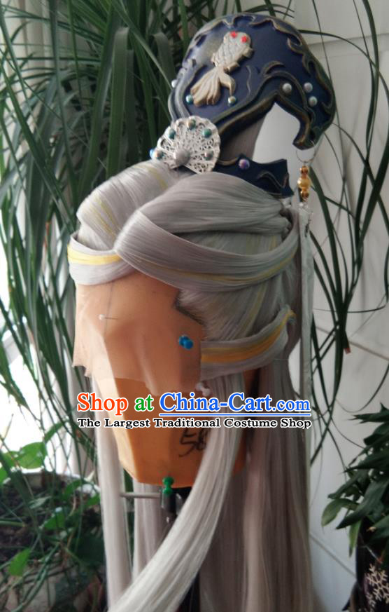 Chinese Traditional Cosplay Taoist Priest Gray Wigs and Hairdo Crown Hairpieces Ancient Patriarch Periwig Hair Accessories Handmade Puppet Show Headdress