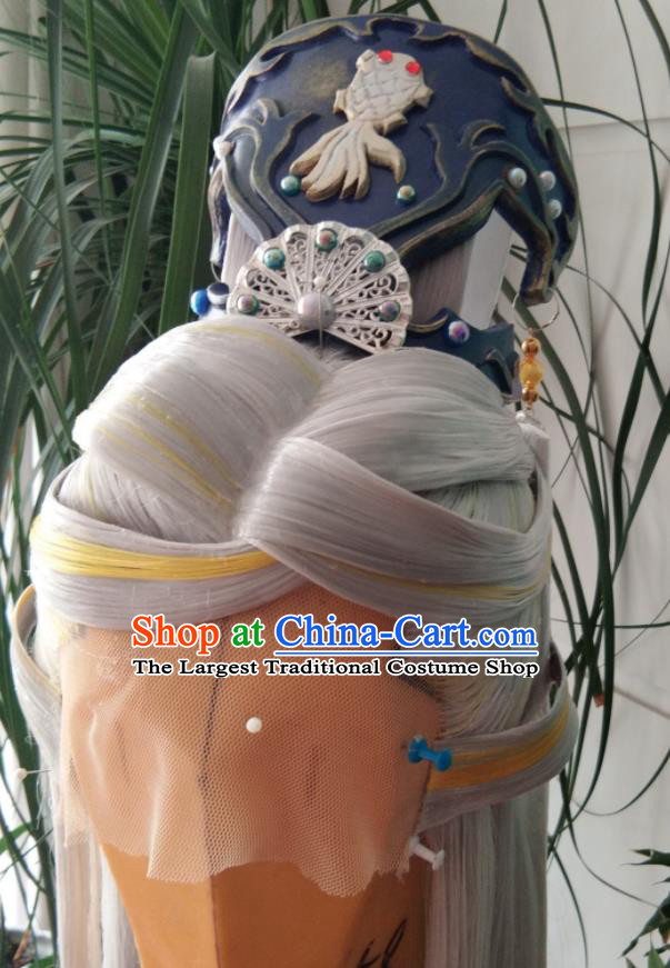 Chinese Traditional Cosplay Taoist Priest Gray Wigs and Hairdo Crown Hairpieces Ancient Patriarch Periwig Hair Accessories Handmade Puppet Show Headdress