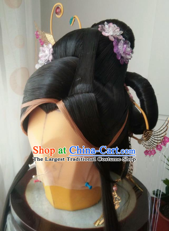 China Traditional Puppet Show Swordswoman Geng Qiulu Hair Accessories Cosplay Female Knight Hairpieces Ancient Fairy Princess Wigs