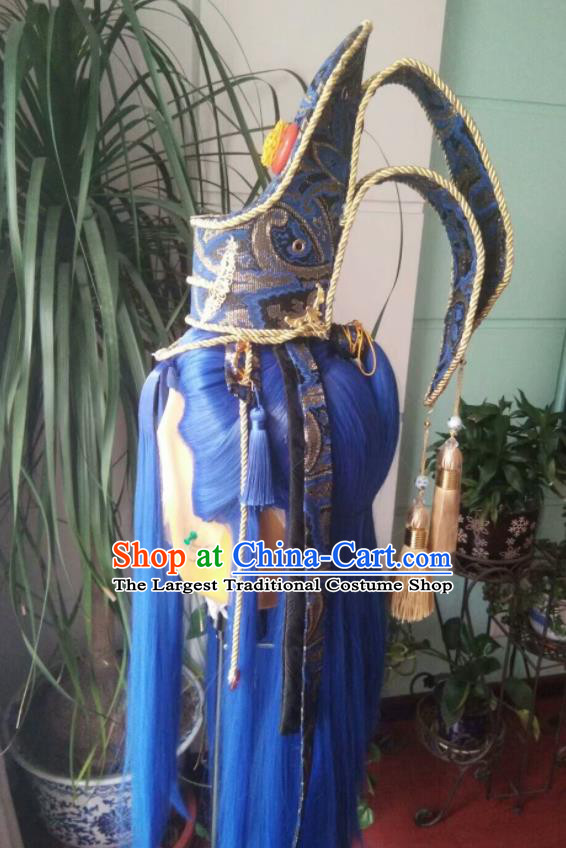 Chinese Handmade Puppet Show Headdress Traditional Cosplay Dragon King Blue Wigs and Hairdo Crown Hairpieces Ancient Patriarch Periwig Hair Accessories