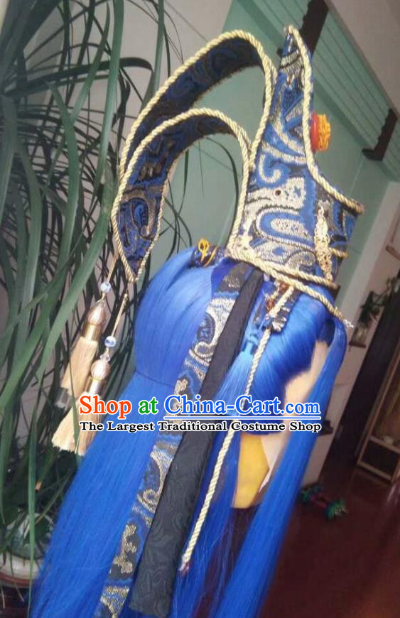 Chinese Handmade Puppet Show Headdress Traditional Cosplay Dragon King Blue Wigs and Hairdo Crown Hairpieces Ancient Patriarch Periwig Hair Accessories