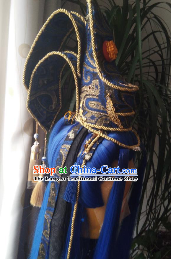 Chinese Handmade Puppet Show Headdress Traditional Cosplay Dragon King Blue Wigs and Hairdo Crown Hairpieces Ancient Patriarch Periwig Hair Accessories
