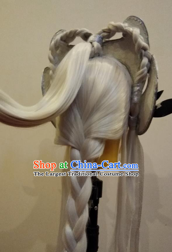 Chinese Ancient General Periwig Hair Accessories Handmade Puppet Show Headdress Traditional Cosplay Swordsman White Wigs and Helmet Hairpieces