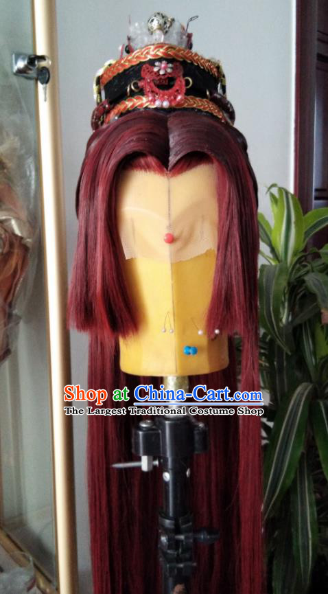 Chinese Traditional Cosplay Swordsman Red Wigs and Hairdo Crown Hairpieces Ancient Prince Periwig Hair Accessories Handmade Puppet Show Childe Headdress