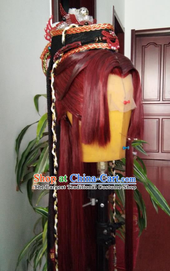 Chinese Traditional Cosplay Swordsman Red Wigs and Hairdo Crown Hairpieces Ancient Prince Periwig Hair Accessories Handmade Puppet Show Childe Headdress