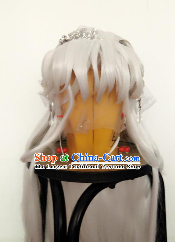 China Ancient Fairy Princess White Wigs Traditional Puppet Show Swordswoman Hair Accessories Cosplay Goddess Hairpieces