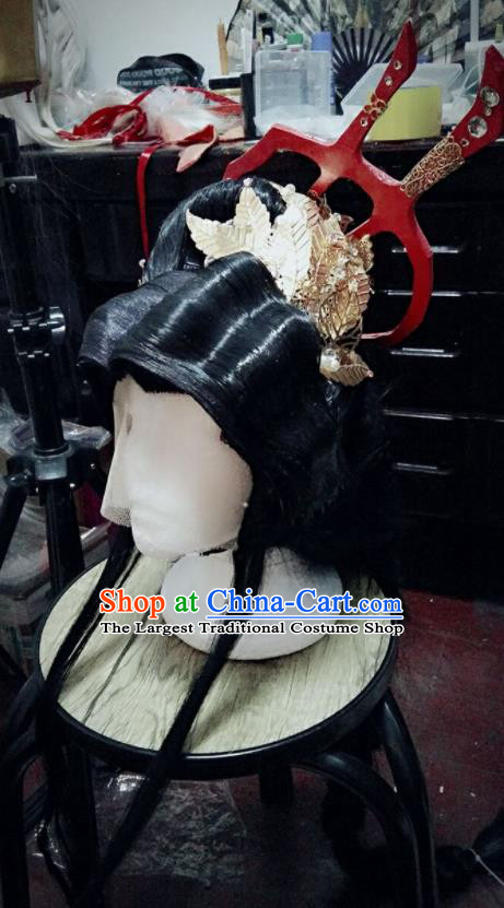 China Cosplay Goddess Queen Hairpieces Ancient Empress Wigs and Hair Crown Traditional Puppet Show Young Beauty Hair Accessories
