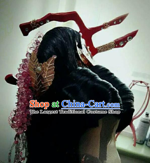China Cosplay Goddess Queen Hairpieces Ancient Empress Wigs and Hair Crown Traditional Puppet Show Young Beauty Hair Accessories