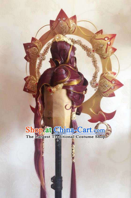 China Traditional Puppet Show Goddess Hair Accessories Cosplay Queen Hairpieces Ancient Empress Red Wigs and Hair Crown