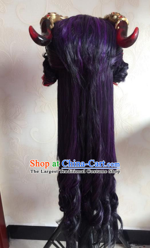 Chinese Traditional Cosplay Demon Prince Purple Wigs and Hair Crown Hairpieces Ancient Young Male Periwig Hair Accessories Handmade Puppet Show Swordsman Headdress