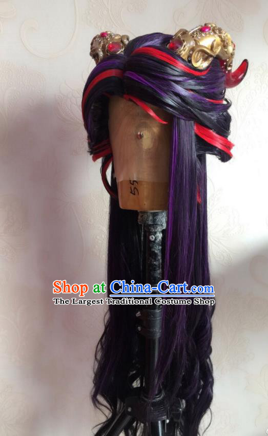 Chinese Traditional Cosplay Demon Prince Purple Wigs and Hair Crown Hairpieces Ancient Young Male Periwig Hair Accessories Handmade Puppet Show Swordsman Headdress