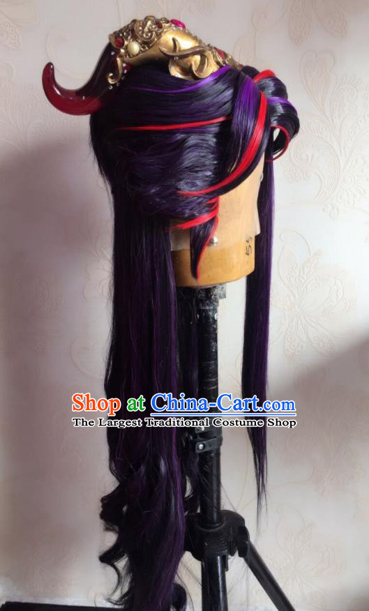 Chinese Traditional Cosplay Demon Prince Purple Wigs and Hair Crown Hairpieces Ancient Young Male Periwig Hair Accessories Handmade Puppet Show Swordsman Headdress