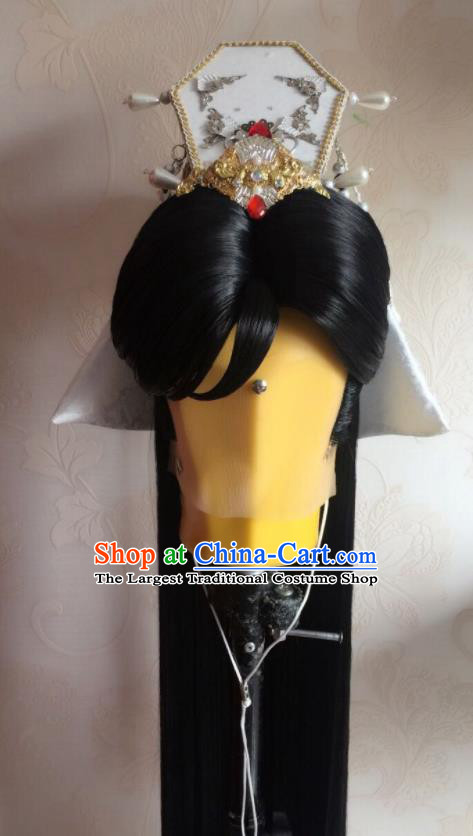 Chinese Handmade Puppet Show Swordsman Headdress Traditional Cosplay Prince Black Wigs and Hair Crown Hairpieces Ancient Emperor Periwig Hair Accessories