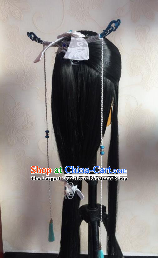 China Cosplay Female Knight Hairpieces Ancient Swordswoman Wigs and Hairpins Traditional Puppet Show Mo Zhaonu Hair Accessories