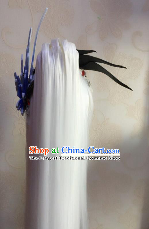 Chinese Ancient Emperor Periwig Hair Accessories Handmade Puppet Show Swordsman Headdress Traditional Cosplay Taoist Priest White Wigs and Hair Crown Hairpieces