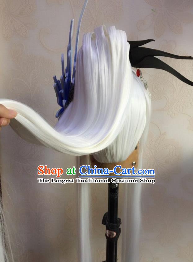 Chinese Ancient Emperor Periwig Hair Accessories Handmade Puppet Show Swordsman Headdress Traditional Cosplay Taoist Priest White Wigs and Hair Crown Hairpieces