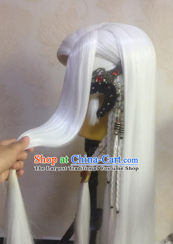 Chinese Traditional Cosplay Taoist Priest White Wigs Hairpieces Ancient Prince Periwig Hair Accessories Handmade Puppet Show Swordsman Headdress