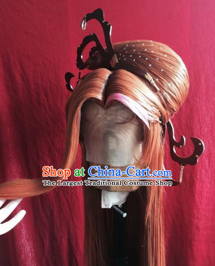 China Traditional Puppet Show Bu Xiangchen Hair Accessories Cosplay Goddess Queen Hairpieces Ancient Empress Orange Wigs and Hair Crown