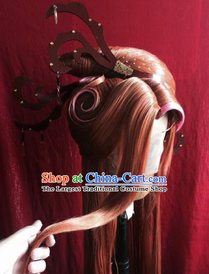 China Traditional Puppet Show Bu Xiangchen Hair Accessories Cosplay Goddess Queen Hairpieces Ancient Empress Orange Wigs and Hair Crown