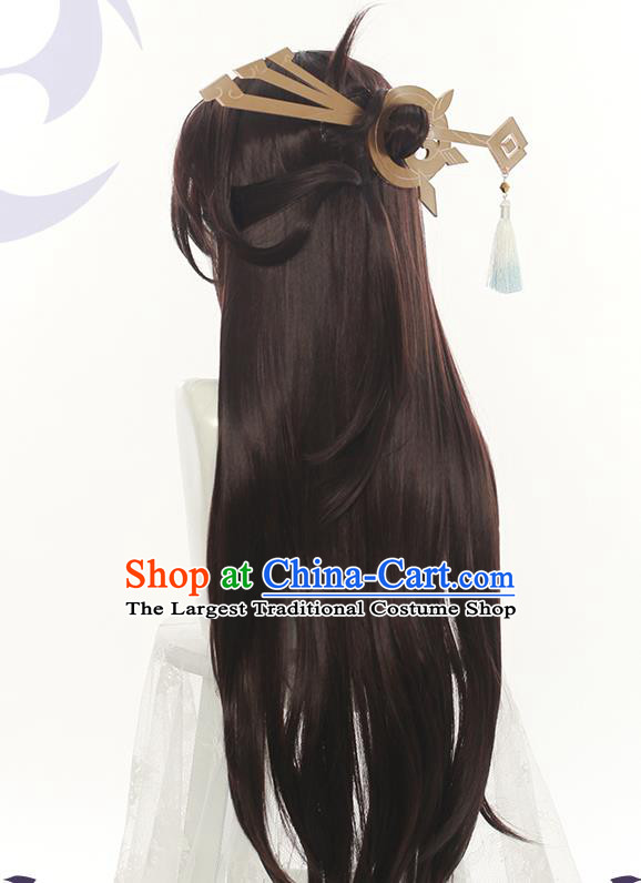 Chinese Ancient Swordsman Periwig Hair Accessories Handmade Cosplay Dragon King Headdress Traditional Chivalrous Male Brown Wigs Hairpieces