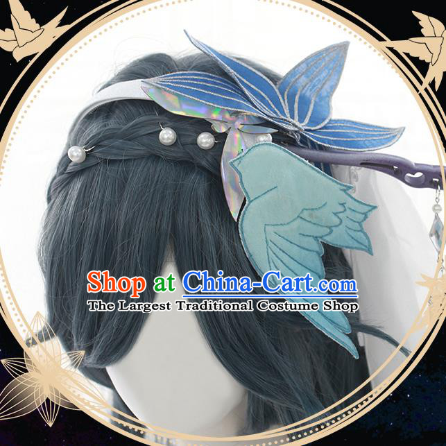 China Cosplay Fairy Hairpieces Ancient Young Lady Grey Wigs and Hair Crown Traditional Female Warrior Hair Accessories