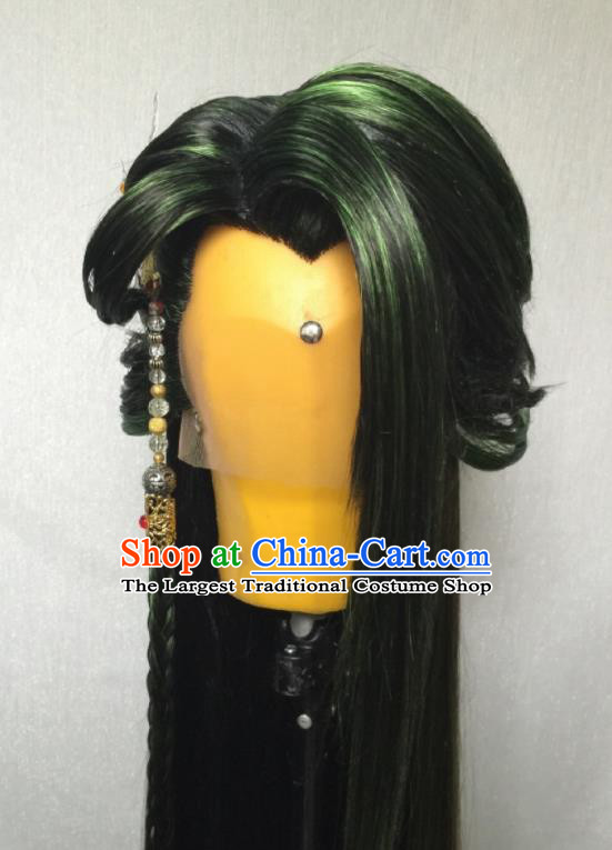 Chinese Handmade Puppet Show Swordsman Headdress Traditional Cosplay Demon Prince Green Wigs Hairpieces Ancient Young Hero Periwig Hair Accessories