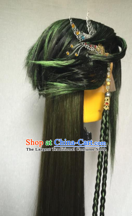 Chinese Handmade Puppet Show Swordsman Headdress Traditional Cosplay Demon Prince Green Wigs Hairpieces Ancient Young Hero Periwig Hair Accessories