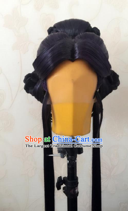 China Ancient Empress Purple Wigs Traditional Puppet Show Goddess Hair Accessories Cosplay Queen Hairpieces