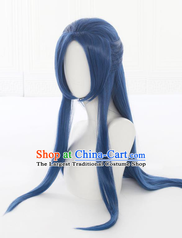 Chinese Traditional Young Knight Blue Wigs Hairpieces Ancient Swordsman Periwig Hair Accessories Handmade Cosplay Hero Headdress