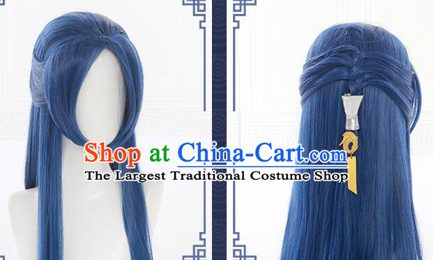 Chinese Traditional Young Knight Blue Wigs Hairpieces Ancient Swordsman Periwig Hair Accessories Handmade Cosplay Hero Headdress