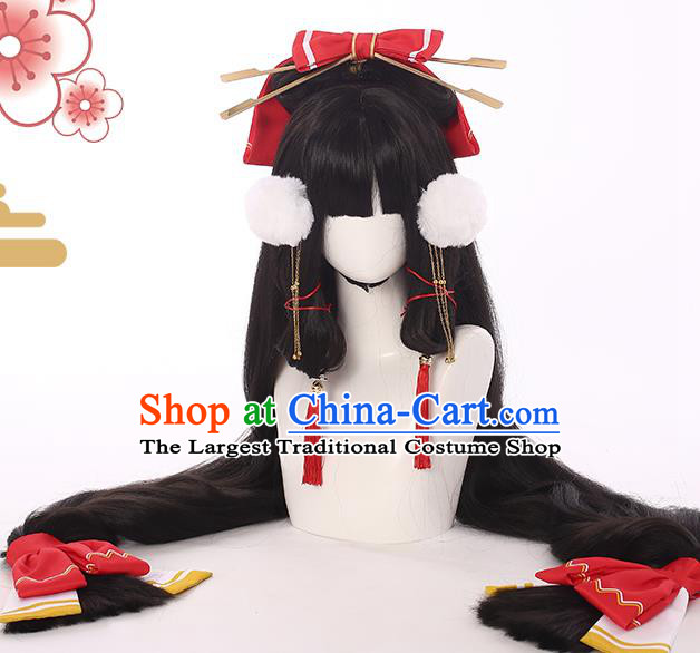 Handmade Traditional Game Young Lady Hair Accessories Cosplay Fairy Hairpieces Snow Woman Black Wigs
