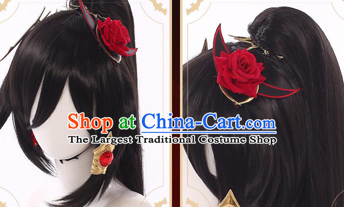 Handmade Traditional Game Princess Hair Accessories Cosplay Fairy Hairpieces Demon Woman Black Wigs