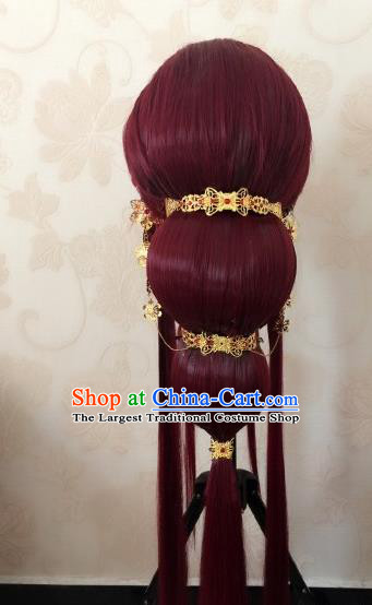 China Cosplay Queen Hairpieces Ancient Empress Red Wigs and Hair Crown Traditional Puppet Show Goddess Hair Accessories