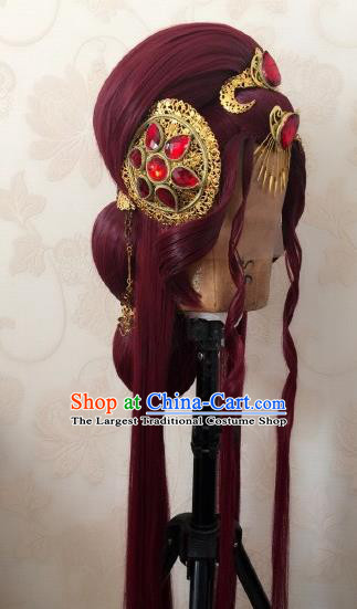 China Cosplay Queen Hairpieces Ancient Empress Red Wigs and Hair Crown Traditional Puppet Show Goddess Hair Accessories