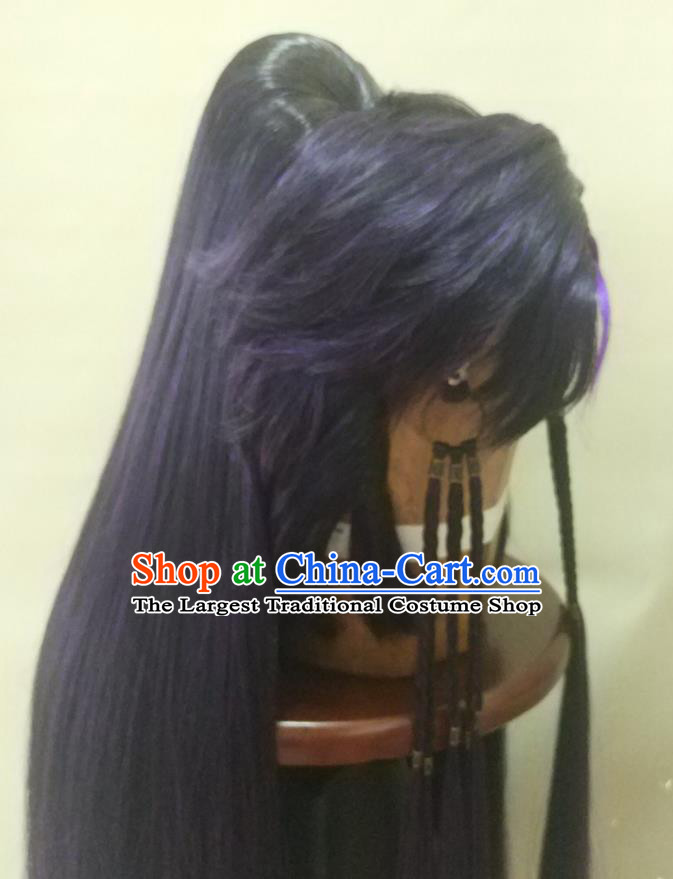 Chinese Ancient Royal Prince Periwig Hair Accessories Handmade Cosplay Swordsman Headdress Traditional Puppet Show Purple Wigs Hairpieces