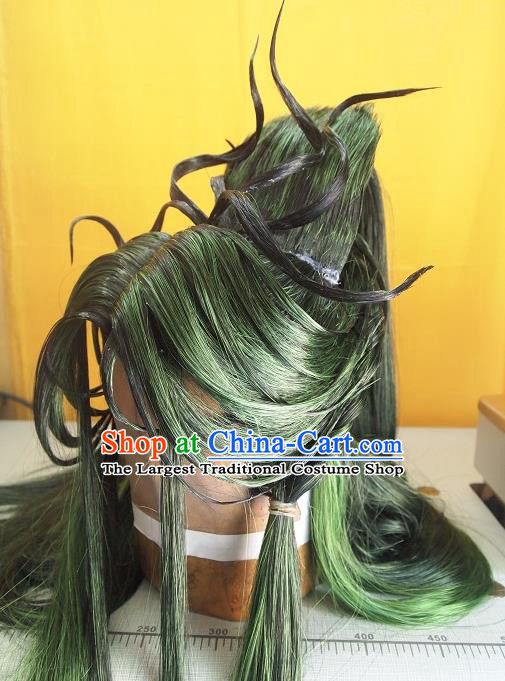 Chinese Traditional Puppet Show Knight Green Wigs Hairpieces Ancient Young Hero Periwig Hair Accessories Handmade Cosplay Swordsman Headdress