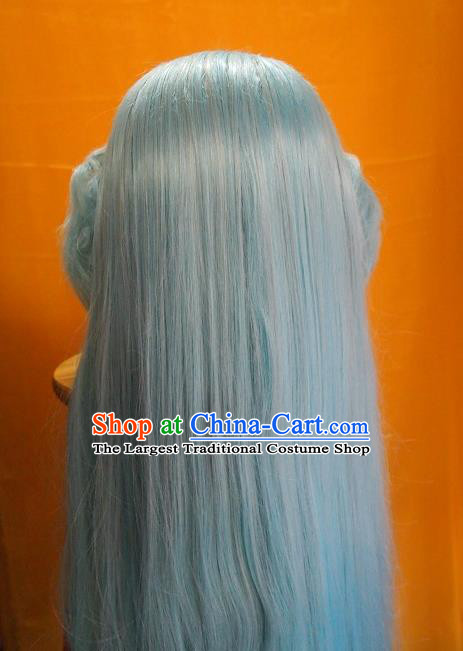 China Ancient Young Lady Blue Wigs Headdress Traditional Puppet Show Yue Sheng Hair Accessories Cosplay Maidservant Hairpieces