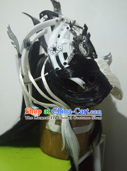 Chinese Ancient Taoist Priest Periwig Hair Accessories Handmade Cosplay Swordsman Headdress Traditional Puppet Show Patriarch Wigs Hairpieces